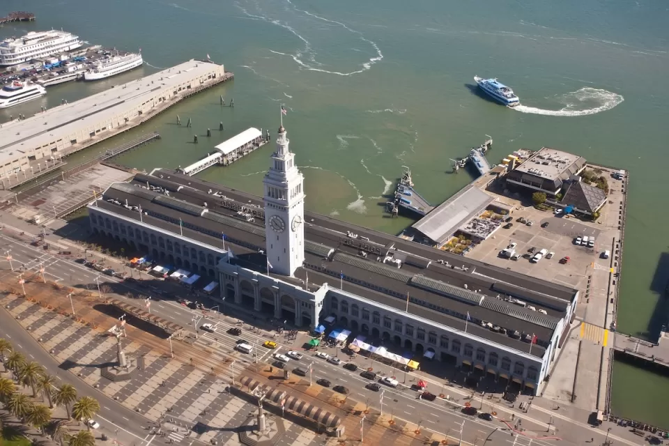 Aerial view of San Francisco Ferry Building in San Francisco, California.